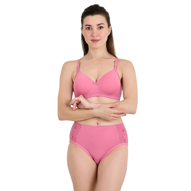 Solid dusty rose bra and high-waist lace panel panty lingerie set - lingerie ecommerce photography by Lohar Studio Delhi